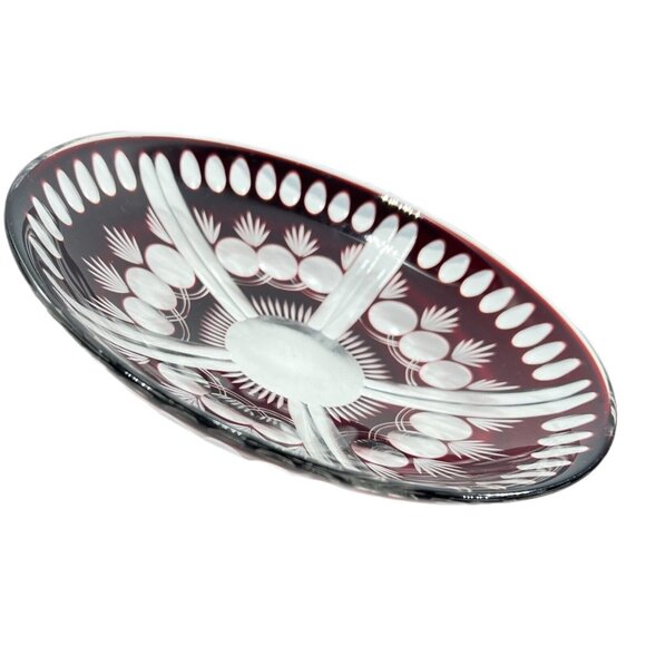 Czech Bohemian Ruby Red Cut To Clear Glass Serving Bowl Coin Dot Cranberry 9" - Picture 7 of 10